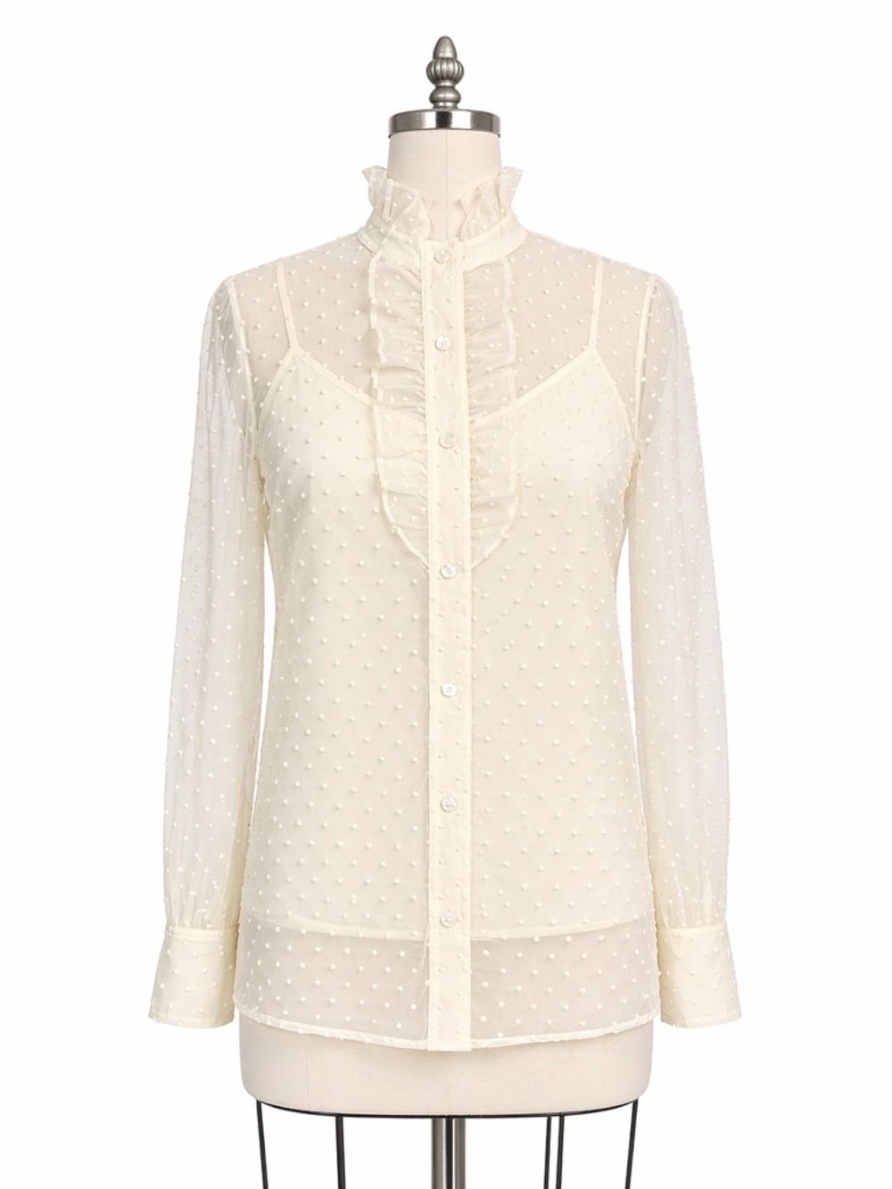 Tory Burch Cream Sheer Silk Organza Swiss Dot Ruffle-Trim Blouse w/Cami Slip 4